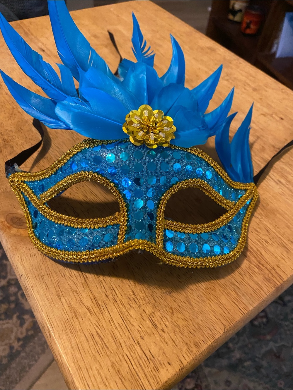 Blue Feather Sequin Masquerade Mask by